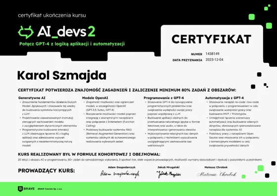 Certyfikat ukończenia kursu AI_devs 2 — GPT-4 w logice aplikacji i automatyzacji, Karol Szmajda