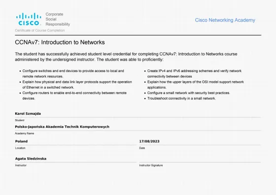 Certyfikat Cisco Networking Academy — CCNAv7: Introduction to Networks, Karol Szmajda