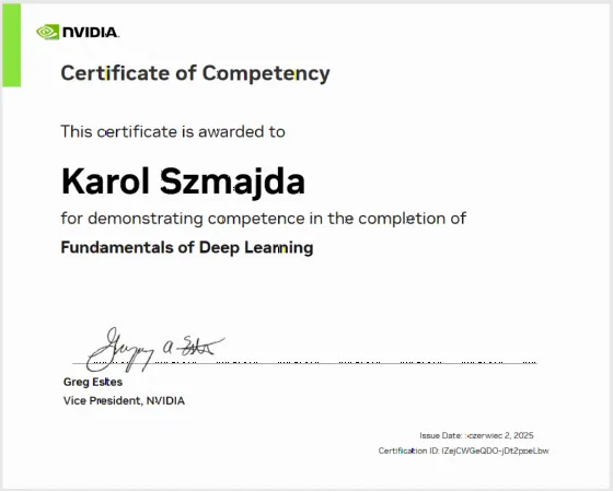 Certyfikat NVIDIA — Fundamentals of Deep Learning, Karol Szmajda