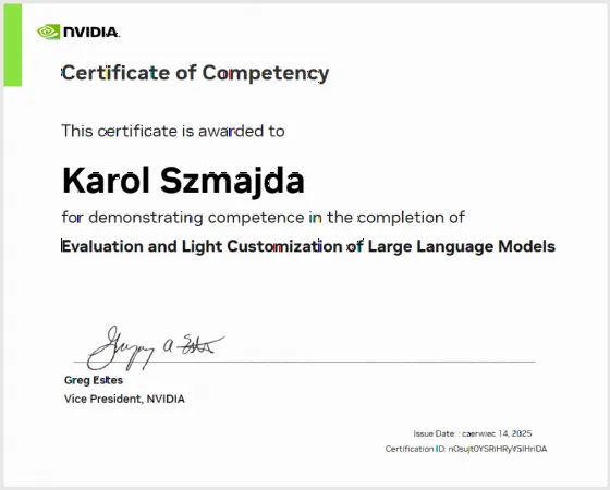 Certyfikat NVIDIA — Evaluation and Light Customization of Large Language Models, Karol Szmajda