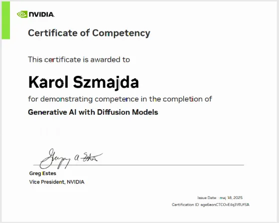 Certyfikat NVIDIA — Generative AI with Diffusion Models, Karol Szmajda